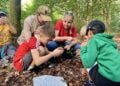 Kinder untersuchen mit Becherlupen den Waldboden in Wanninchen