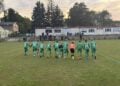 Kinder in grünen Trikots laufen über einen Fußballplatz, im Hintergrund Zuschauer und ein Vereinsheim