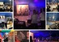 Collage von der Song-Premiere im Zirkuszelt in Brieske mit Band auf der Bühne, Tanzgruppen, Publikum und Plakaten