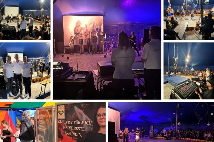 Collage von der Song-Premiere im Zirkuszelt in Brieske mit Band auf der Bühne, Tanzgruppen, Publikum und Plakaten