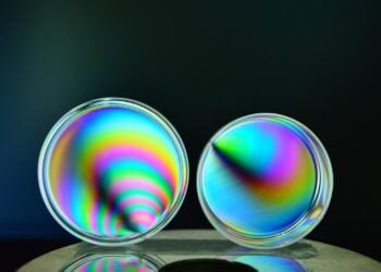 Zwei Petrischalen aus Polystyrol leuchten zwischen gekreuzten Polarisationsfiltern in Regenbogenfarben