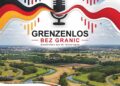 Podcast-Cover mit Mikrofon, Schriftzug Grenzenlos Bez granic und Luftbild einer Flusslandschaft