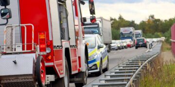 Feuerwehrfahrzeug und Streifenwagen auf der B97 bei Spremberg, dahinter stauen sich Autos und Lastwagen
