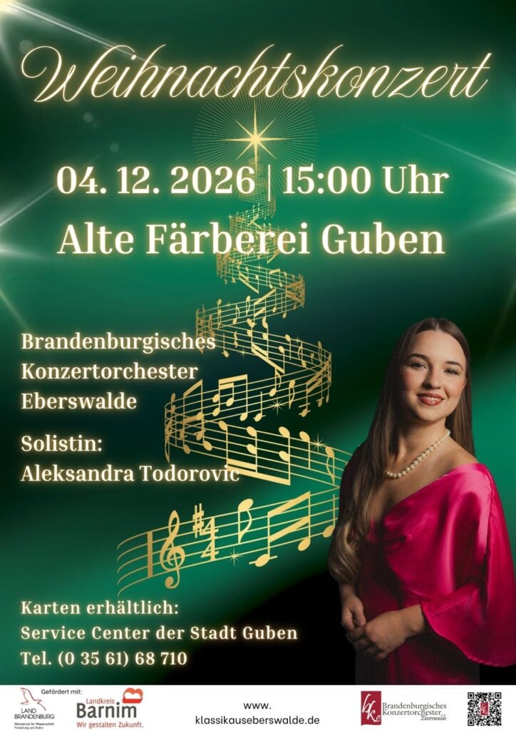 Plakat zum Weihnachtskonzert des Brandenburgischen Konzertorchesters Eberswalde am 4. Dezember 2026 in der Alten Färberei Guben