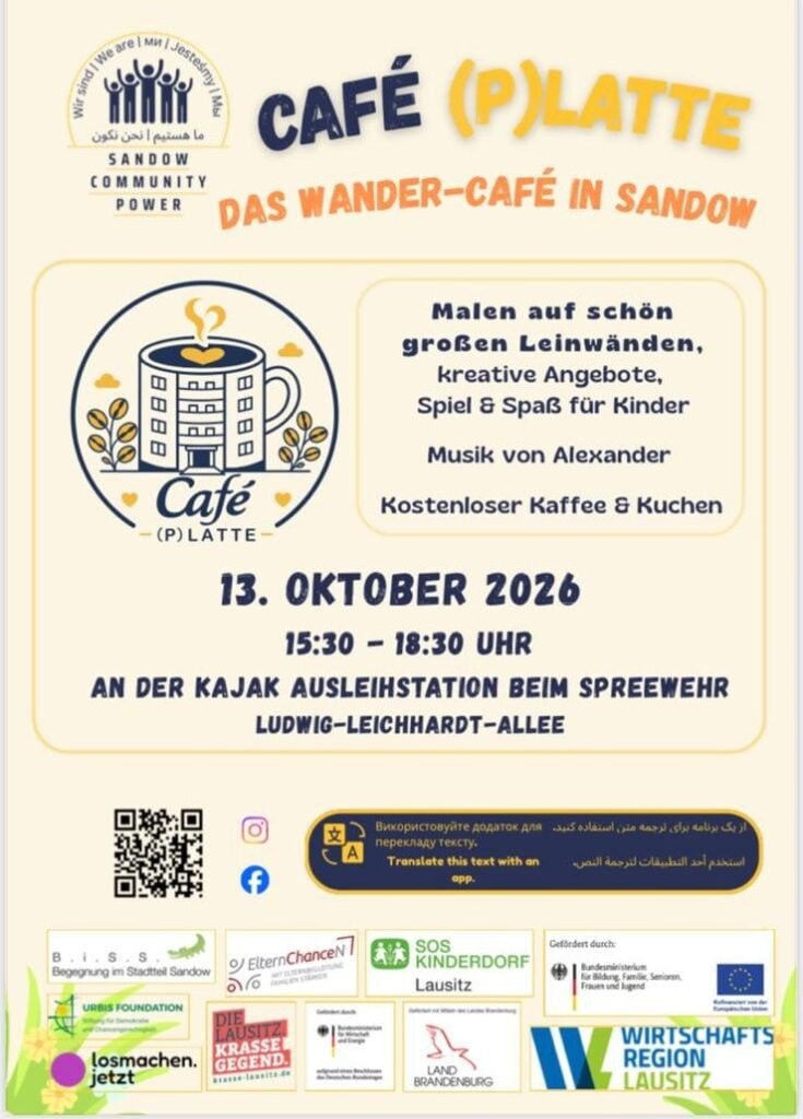 Plakat des Wander-Cafés Café (P)Latte in Cottbus-Sandow für den 13. Oktober 2026