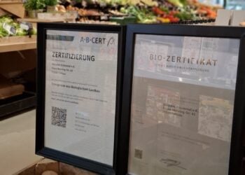 Gerahmte Bio-Zertifikate im Bioladen Schömmel in Cottbus, dahinter Regale mit Obst und Gemüse