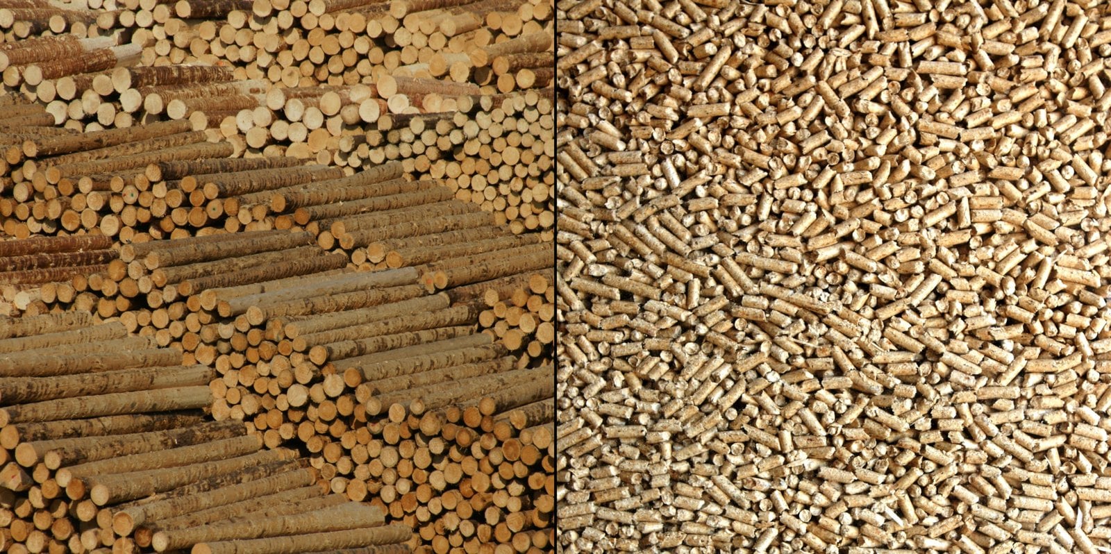 Gestapelte Holzstangen und lose Holzpellets in einem Holzlager