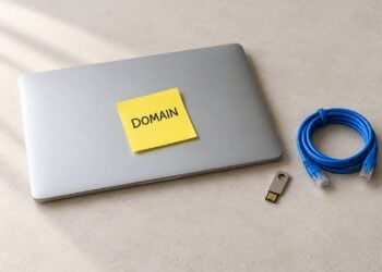 Zugeklappter Laptop mit gelbem Notizzettel mit der Aufschrift Domain, daneben USB-Stick und Netzwerkkabel (KI-generierte Illustration)