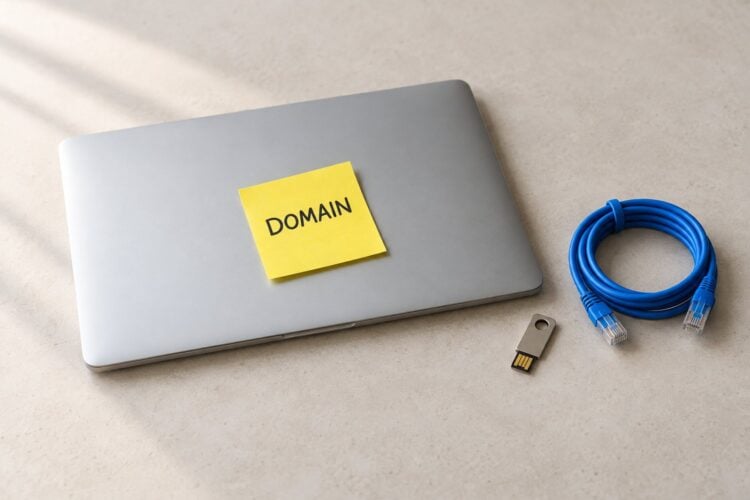 Zugeklappter Laptop mit gelbem Notizzettel mit der Aufschrift Domain, daneben USB-Stick und Netzwerkkabel (KI-generierte Illustration)