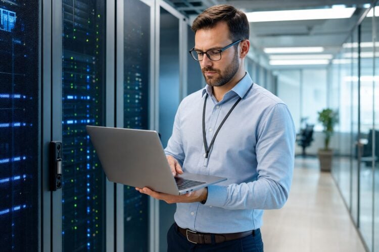 Mann mit Laptop steht in einem Serverraum zwischen Serverschränken (KI-generierte Illustration)